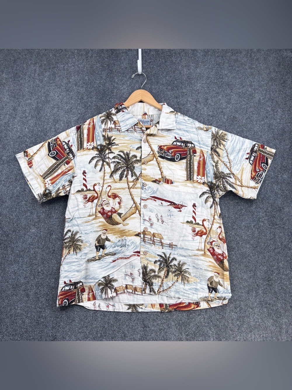 Windham Pointe Tropical Beach Christmas Santa Short Sleeve Shirt Men’s L